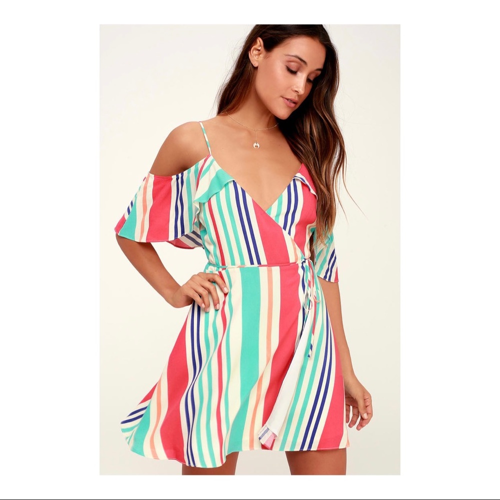 Lulus Caliente Multi Striped Off-the-Shoulder Wrap Dress
